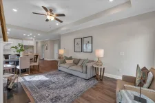 Thumbnail for Modern living room with gray sofa, armchair, patterned rug, ceiling fan, and open dining area with hardwood floors.