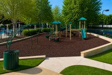 Thumbnail for Modern playground with slides, climbing structures, and swings surrounded by trees and fencing on a sunny day.
