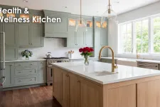 Thumbnail for Modern kitchen with light green cabinets, wooden island, white marble countertops, and large windows for natural light