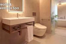 Thumbnail for Modern spa bathroom with floating sink, towel, sleek toilet, and freestanding bathtub in soft lighting.