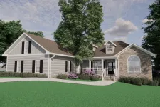 Thumbnail for Single-story house with gray siding, stone facade, large windows, front porch, and surrounding green lawn and trees