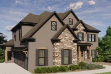 Thumbnail for Modern two-story house with stone and brick exterior, multiple gables, and landscaped front yard under blue sky.