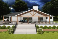 Thumbnail for Modern single-story house with large front porch, wooden beams, outdoor seating, and landscaped garden under dramatic sky