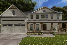 Thumbnail for Two-story modern farmhouse with large front porch, double garage, and landscaped yard under blue sky.