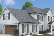 Thumbnail for Modern two-story white house with brown shutters, a garage, and lush green landscaping under a blue sky.
