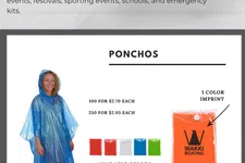 Thumbnail for Custom branded translucent ponchos in multiple colors for outdoor events with logo imprint and pricing details.