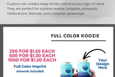 Thumbnail for Hands holding custom full-color koozies around cans with pricing and product details on foam can coolers.