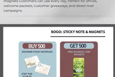 Thumbnail for Promotional offer for custom sticky notepads and business card magnets with buy one get one free deal.