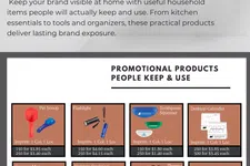 Thumbnail for Promotional everyday household products including pet scoop, flashlight, toothpaste squeezer, calendar, mugs, cup, tote, and ice cream scoop.