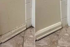Thumbnail for Side-by-side comparison of wall baseboard before and after cleaning and repair with improved appearance.