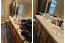 Thumbnail for Side-by-side comparison of a cluttered and a clean bathroom countertop with double sinks and wooden cabinets.