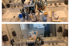Thumbnail for Before and after photos showing a cluttered and then organized bathroom countertop with skincare and hygiene products.