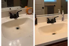 Thumbnail for Side-by-side comparison of a dirty and clean bathroom sink with black faucet and a mirror above.
