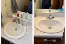 Thumbnail for Side-by-side comparison of a bathroom sink before and after deep cleaning and restoration, showing significant improvement.