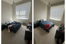 Thumbnail for Before and after images of a boy's bedroom with a bed, window blinds, toys, and dark furniture showing neatness improvement.