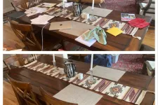 Thumbnail for Before and after photos showing a wooden dining table cleaned of clutter and organized with decorative items.