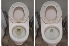 Thumbnail for Side-by-side comparison of a toilet bowl before and after cleaning showing removal of stains and dirt.