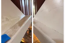 Thumbnail for Side-by-side before and after cleaning of a dusty white kitchen cabinet edge near a countertop.