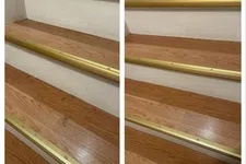 Thumbnail for Side-by-side before and after images of wooden stairs cleaned and polished with brass stair nosing.
