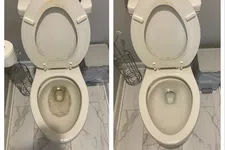 Thumbnail for Side-by-side comparison of a dirty toilet bowl before and after thorough cleaning in a bathroom.