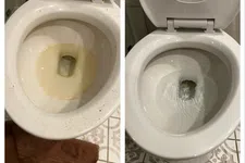 Thumbnail for Side-by-side comparison of a stained toilet bowl before and a clean toilet bowl after cleaning.