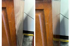 Thumbnail for Before and after images showing wood furniture with removed scratches and improved finish on side panel.