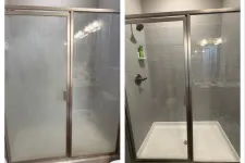 Thumbnail for Before and after images of a glass shower door cleaning in a bathroom with white tiles and metal frame.