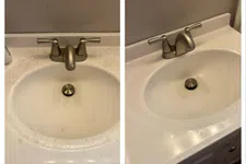 Thumbnail for Side-by-side bathroom sinks with silver faucets showing before and after cleaning with white countertops.