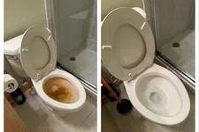 Thumbnail for Side-by-side comparison of a toilet before and after cleaning showing a dirty bowl and a spotless white bowl.
