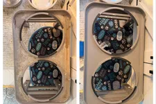 Thumbnail for Side-by-side comparison of a dirty and clean plastic dog feeding station with two bowl slots on a carpeted floor.