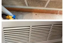 Thumbnail for Before and after shots of a dirty and clean air vent grille above a baseboard on carpeted floor.