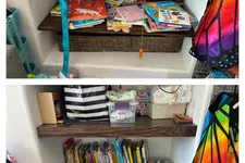 Thumbnail for Two images of a children's bookshelf before and after organizing with books, toys, and colorful butterfly coat visible.
