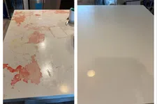 Thumbnail for Side-by-side comparison of a stained and clean white countertop before and after deep cleaning.