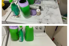 Thumbnail for Before and after cleaning image showing a dirty and then clean white washing machine top with green detergent bottles.