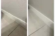 Thumbnail for Side-by-side comparison of a dirty baseboard and a clean baseboard on tiled flooring near a wall.