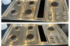 Thumbnail for Before and after images of a stainless steel KitchenAid gas cooktop showing dirty and cleaned states.