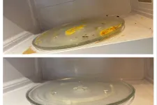 Thumbnail for Before and after cleaning of a microwave glass turntable with food stains and grease removed.