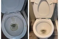 Thumbnail for Side-by-side comparison of a dirty toilet bowl before and a clean toilet bowl after cleaning on wooden floor.