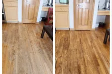 Thumbnail for Side-by-side before and after photos of wooden floor restoration showing clean, polished finish on right side.