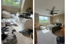 Thumbnail for Side-by-side comparison of a messy bedroom with clothes on floor and the same room neatly organized and clean