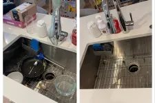 Thumbnail for Side-by-side kitchen sink before and after cleaning showing dirty dishes and empty clean basin under chrome faucet.