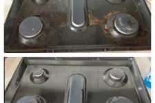 Thumbnail for Before and after images of a gas stove showing grime removal and a clean metal surface by MaidPro Denver 