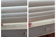 Thumbnail for Side-by-side comparison of window blinds showing dirty versus clean bottom slats being lifted by hand.