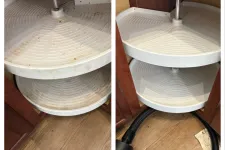Thumbnail for Side-by-side comparison of a dirty versus clean white plastic lazy Susan shelf in a kitchen cabinet.