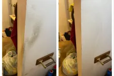 Thumbnail for Side-by-side photo of a white wall corner showing before and after cleaning with visible dirt removed after cleaning.