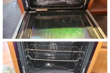 Thumbnail for Open kitchen oven before and after cleaning, showing dirty grime and sparkling clean interior and glass door.