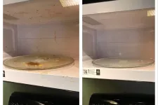 Thumbnail for Side-by-side photos of a microwave interior dirty on the left and thoroughly cleaned on the right with a glass turntable.