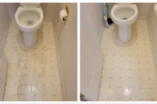 Thumbnail for Before and after images of a toilet area showing clean and dirty floor tiles.