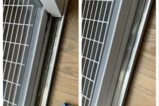 Thumbnail for Side-by-side close-up images of a window track before and after cleaning on a wooden floor with a blue cloth.