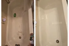 Thumbnail for Before and after comparison of a bathtub showing heavy dirt and stains cleaned to a spotless white surface.